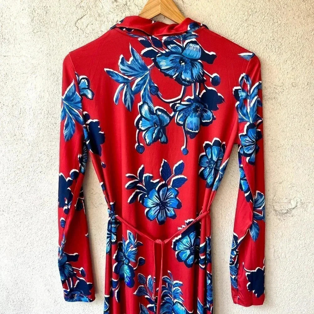 NWT Zara Midi Shirt Dress Red Blue Floral Long Sleeve Size Small - Picture 9 of 10